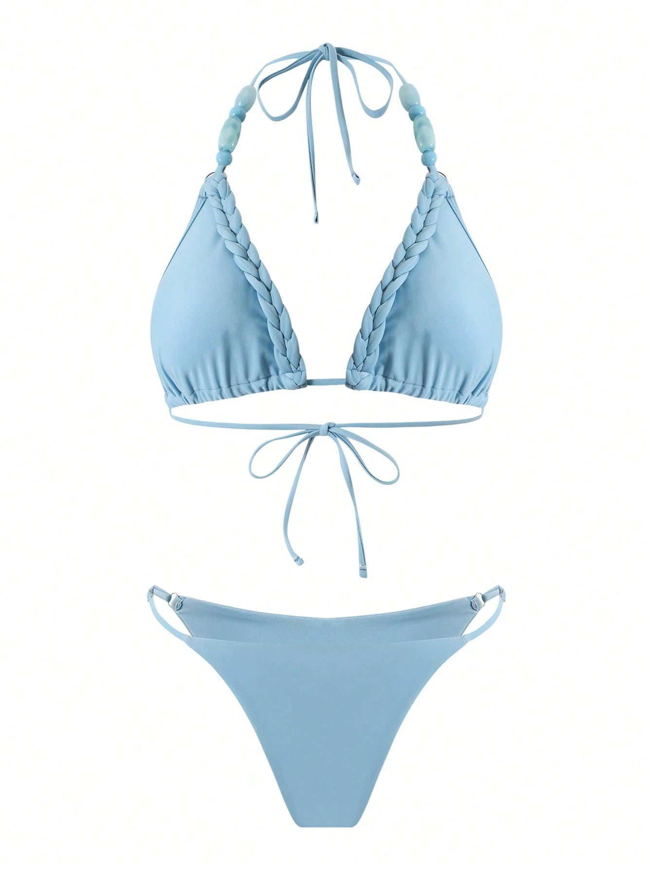 HaiiMeid Women's 3-Piece Blue Beaded Halter Neck Tie Bikini Set, Braided Design And Side Slit Skirt, Suitable For Beach Vacation Summer, Bohemian