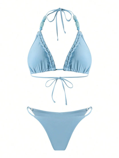 HaiiMeid Women's 3-Piece Blue Beaded Halter Neck Tie Bikini Set, Braided Design And Side Slit Skirt, Suitable For Beach Vacation Summer, Bohemian