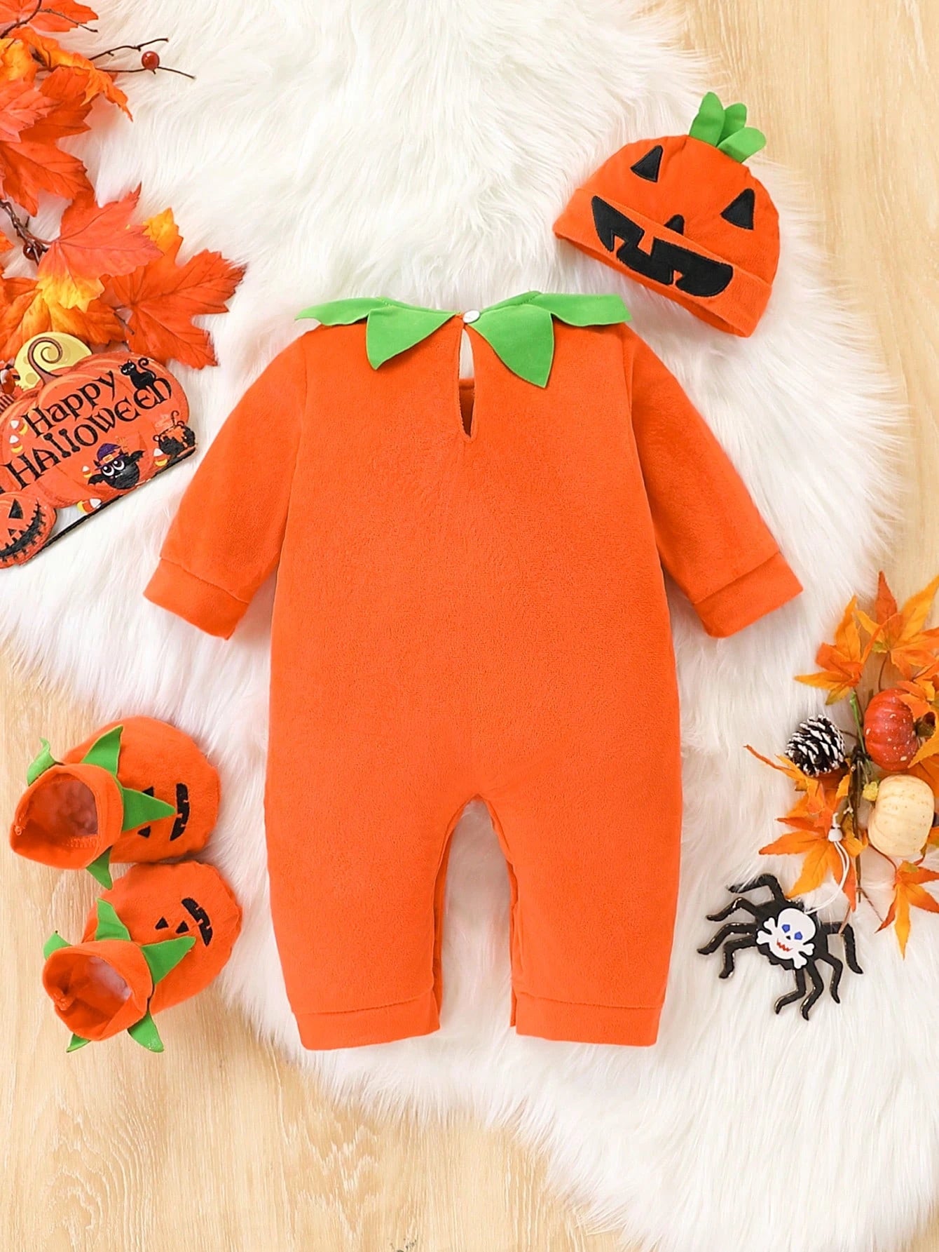 Halloween Baby Boy Pumpkin Outfit- Cute Graphic Jumpsuit + Hat + Shoe Covers Set