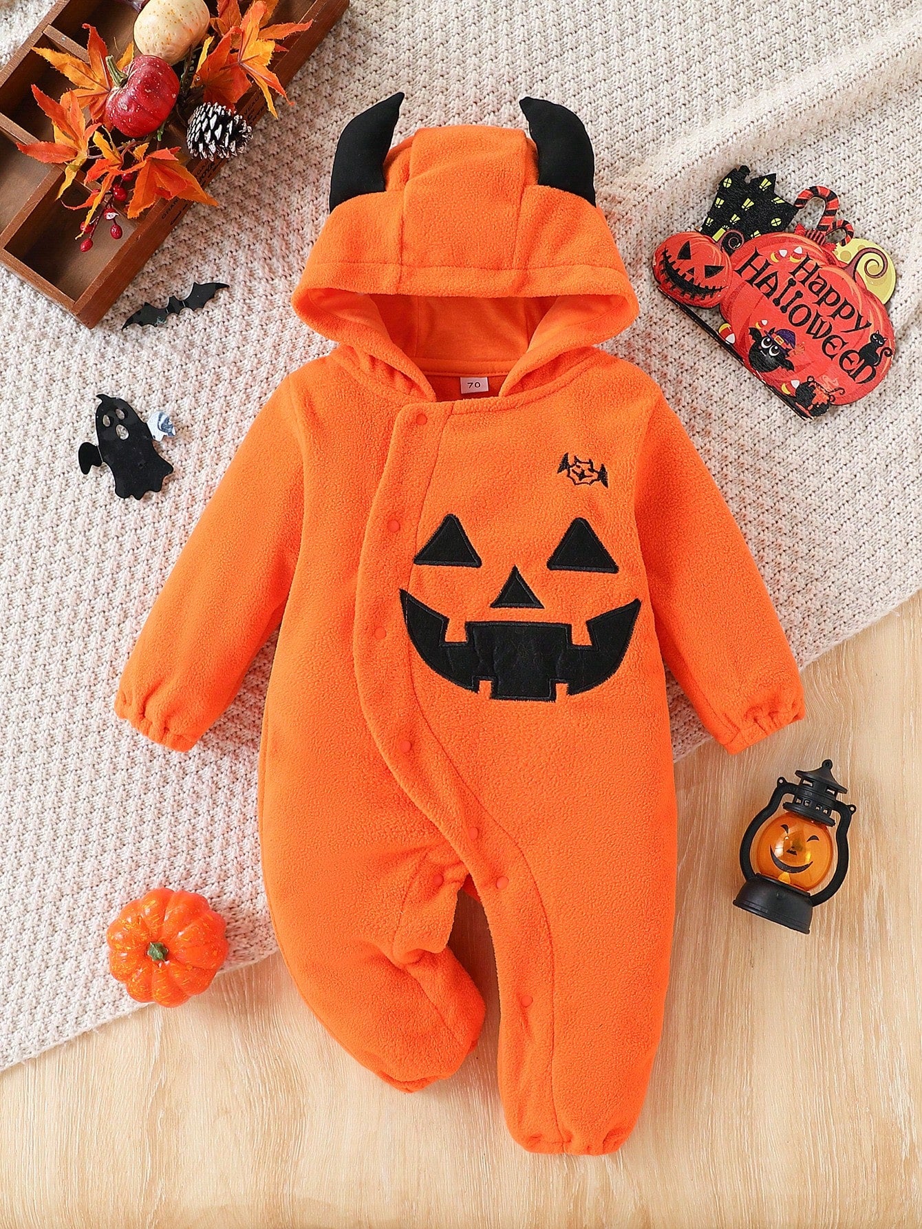 Halloween Baby Orange Hooded Jumpsuit With Cute Ghoul Face Graphic, Little Devil Horn Jumpsuit