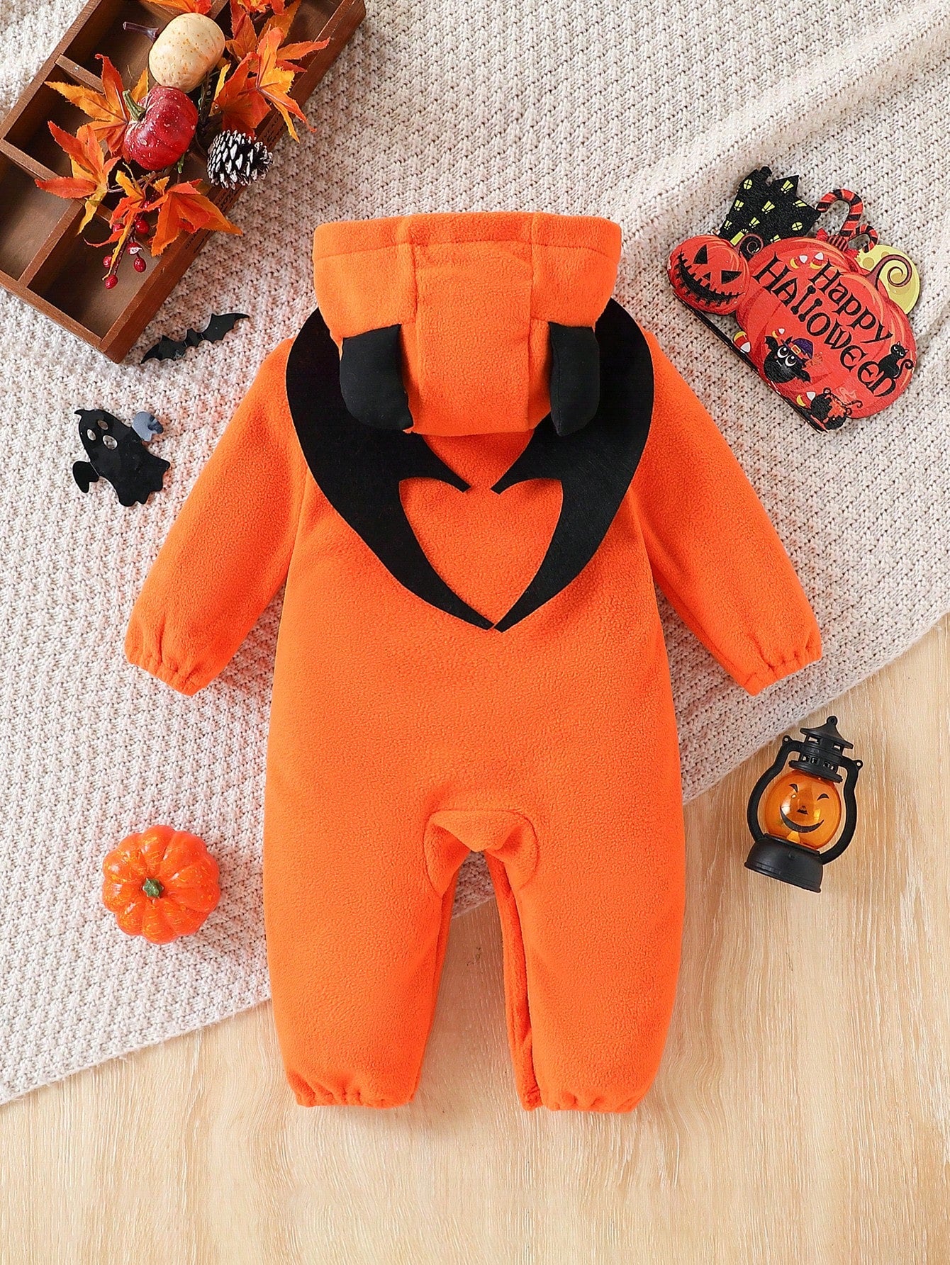 Halloween Baby Orange Hooded Jumpsuit With Cute Ghoul Face Graphic, Little Devil Horn Jumpsuit