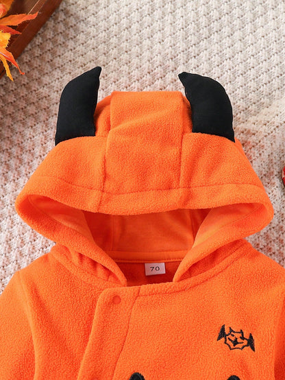 Halloween Baby Orange Hooded Jumpsuit With Cute Ghoul Face Graphic, Little Devil Horn Jumpsuit