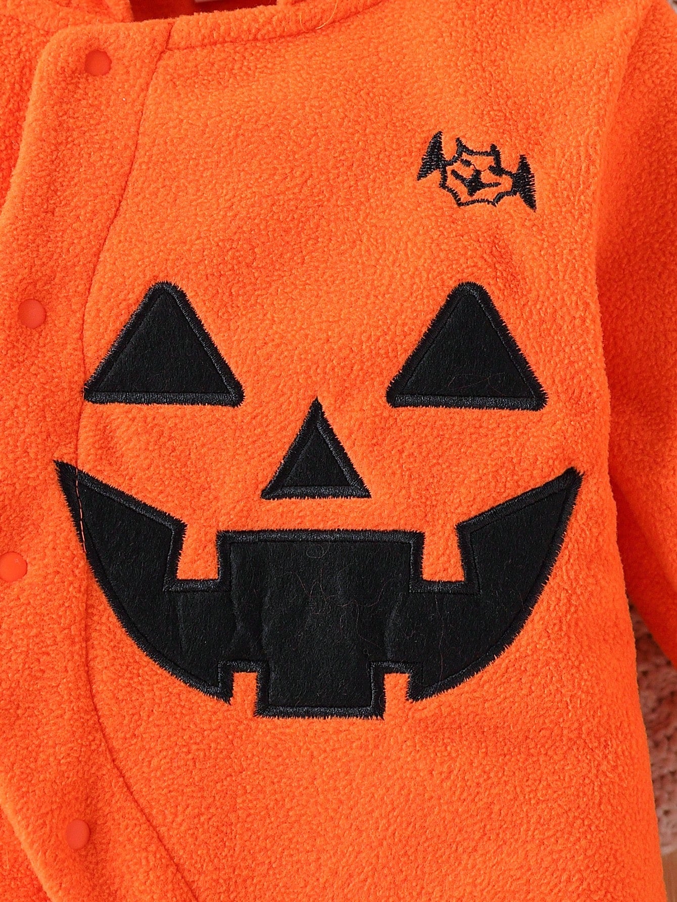 Halloween Baby Orange Hooded Jumpsuit With Cute Ghoul Face Graphic, Little Devil Horn Jumpsuit