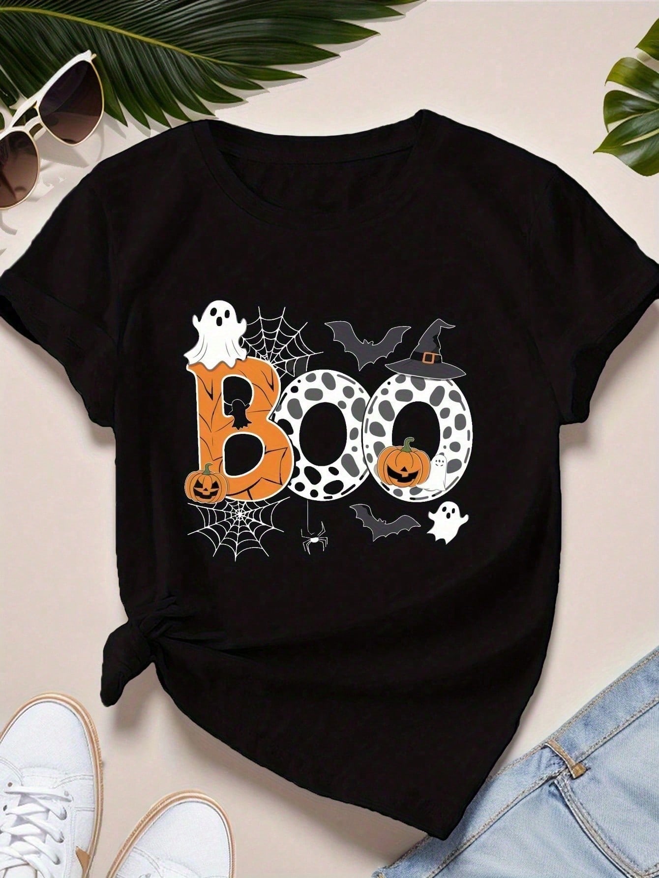 Halloween BOO Print T-Shirt, Casual Crew Neck Short Sleeve T-Shirt For Spring & Summer, Women's Clothing