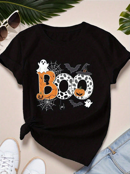 Halloween BOO Print T-Shirt, Casual Crew Neck Short Sleeve T-Shirt For Spring & Summer, Women's Clothing