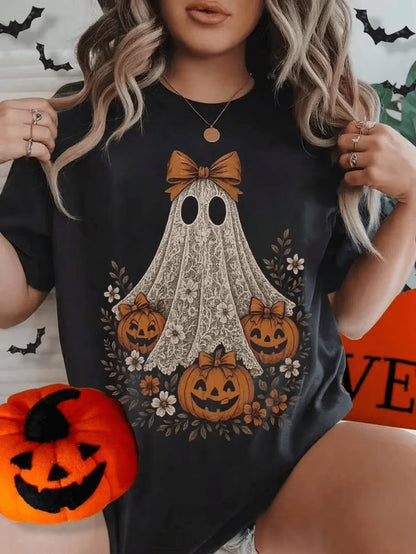 Halloween Cute Lace Ghost And Pumpkin Print Women's T-Shirt