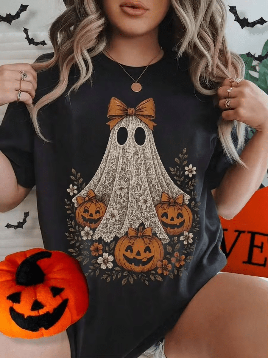 Halloween Cute Lace Ghost And Pumpkin Print Women's T-Shirt