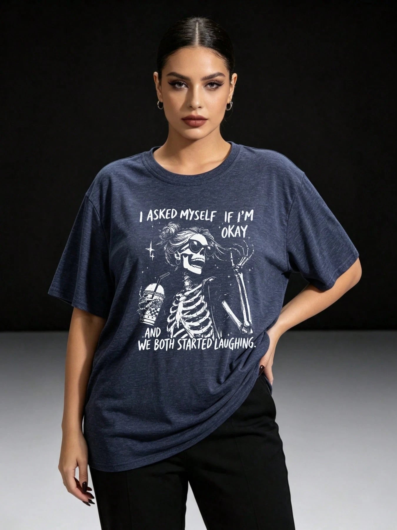 Halloween Plus Size Women's Cotton Blend Oversized Streetwear T-Shirt, Skeleton Quote Print, Casual Top For Back To School All Seasons Wear