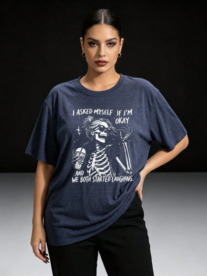 Halloween Plus Size Women's Cotton Blend Oversized Streetwear T-Shirt, Skeleton Quote Print, Casual Top For Back To School All Seasons Wear