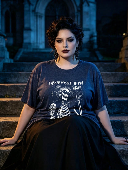 Halloween Plus Size Women's Cotton Blend Oversized Streetwear T-Shirt, Skeleton Quote Print, Casual Top For Back To School All Seasons Wear