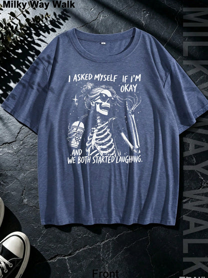 Halloween Plus Size Women's Cotton Blend Oversized Streetwear T-Shirt, Skeleton Quote Print, Casual Top For Back To School All Seasons Wear