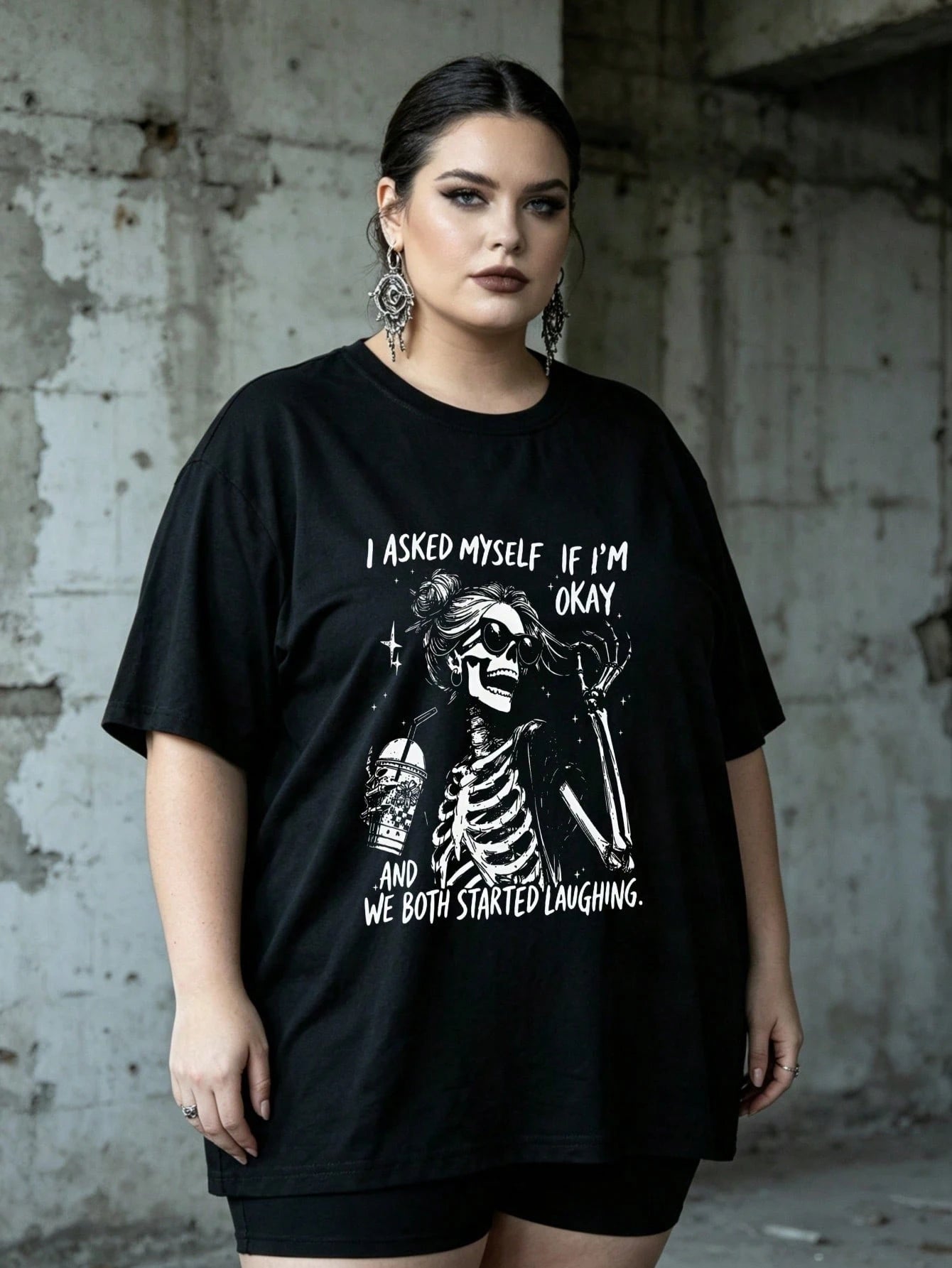 Halloween Plus Size Women's Cotton Blend Oversized Streetwear T-Shirt, Skeleton Quote Print, Casual Top For Back To School All Seasons Wear