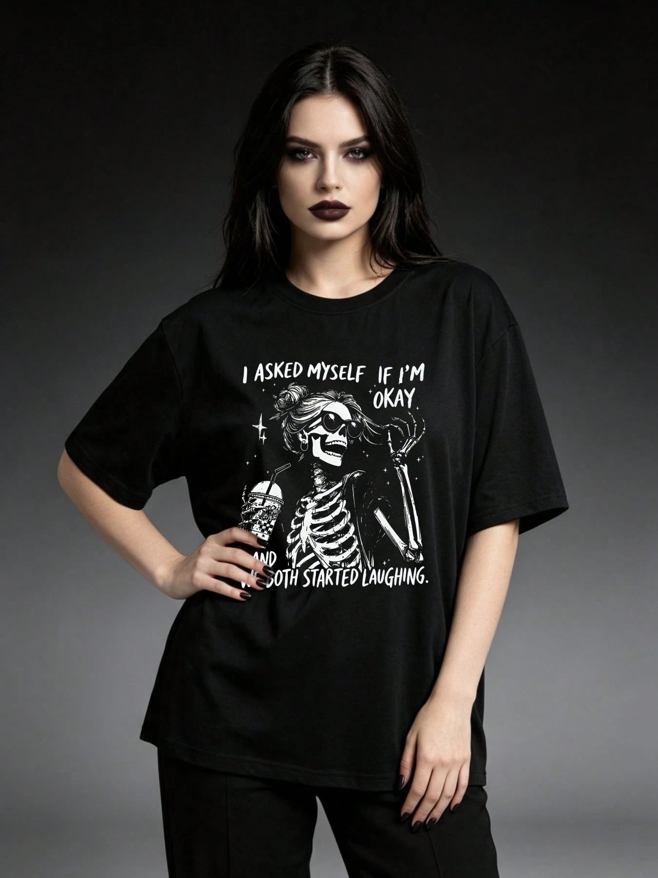 Halloween Plus Size Women's Cotton Blend Oversized Streetwear T-Shirt, Skeleton Quote Print, Casual Top For Back To School All Seasons Wear
