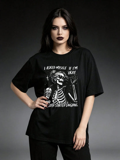 Halloween Plus Size Women's Cotton Blend Oversized Streetwear T-Shirt, Skeleton Quote Print, Casual Top For Back To School All Seasons Wear