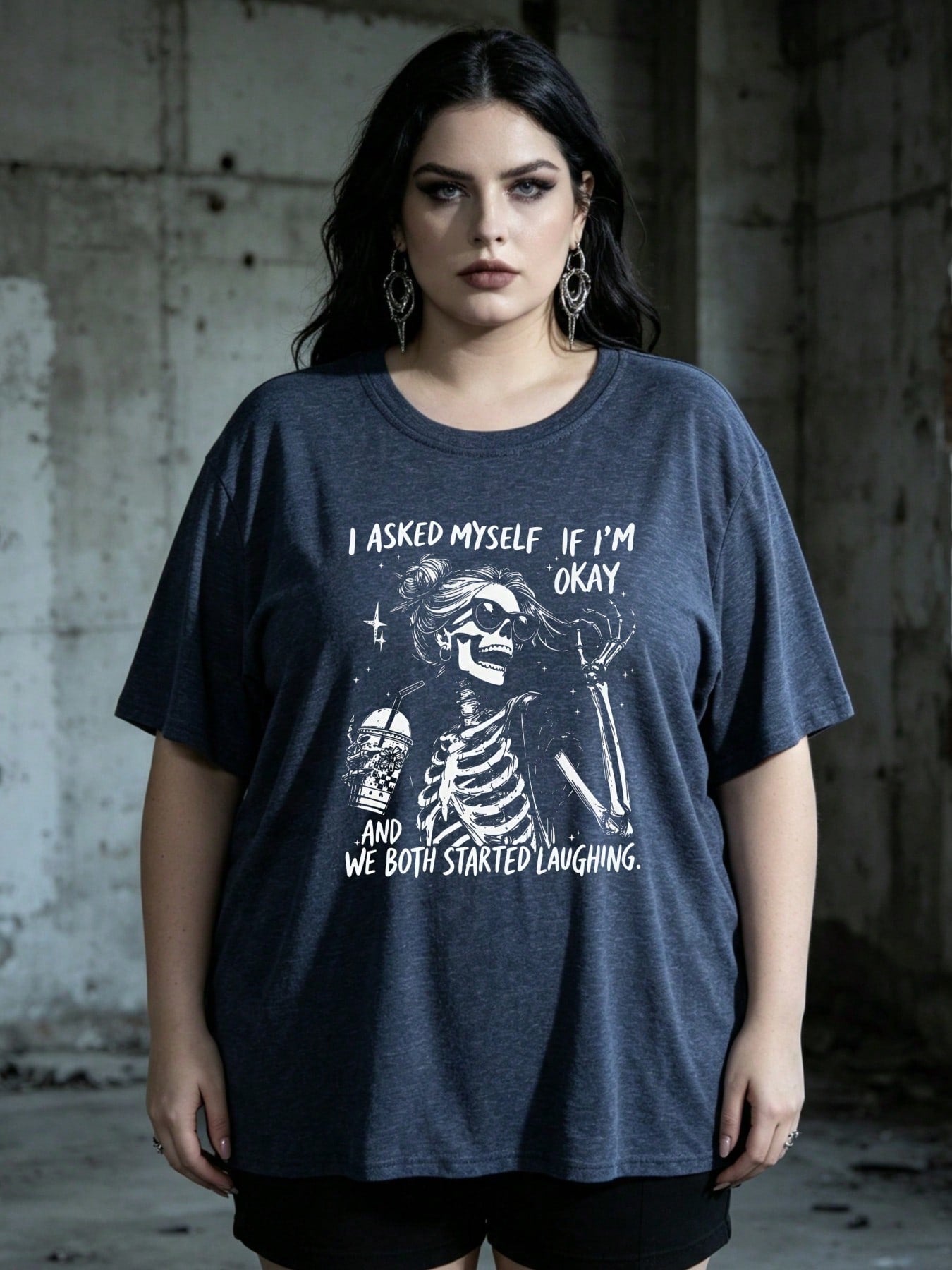 Halloween Plus Size Women's Cotton Blend Oversized Streetwear T-Shirt, Skeleton Quote Print, Casual Top For Back To School All Seasons Wear