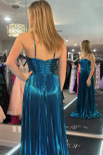 Halter Blue Metallic Pleated A-line Long Formal Dress