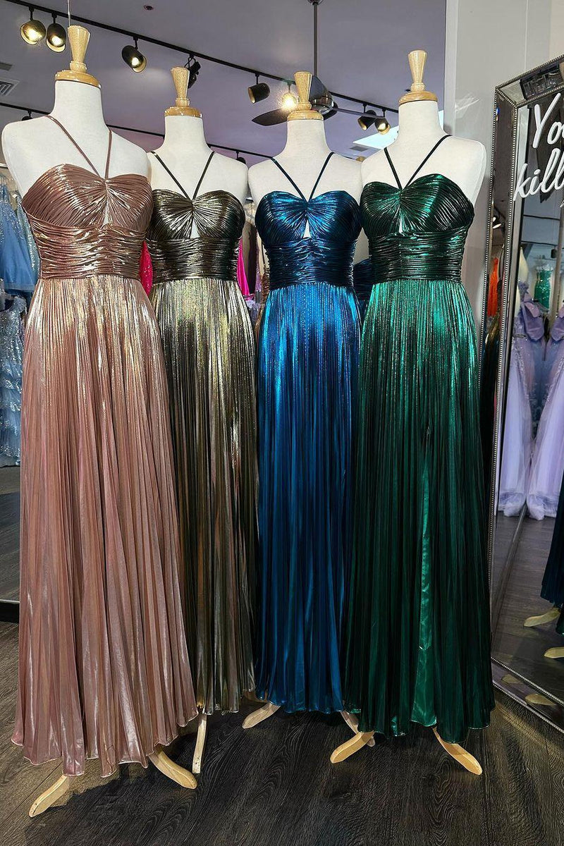 Halter Blue Metallic Pleated A-line Long Formal Dress