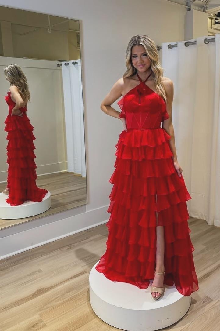 Halter Fuchsia Ruffle A-line Long Formal Dress
