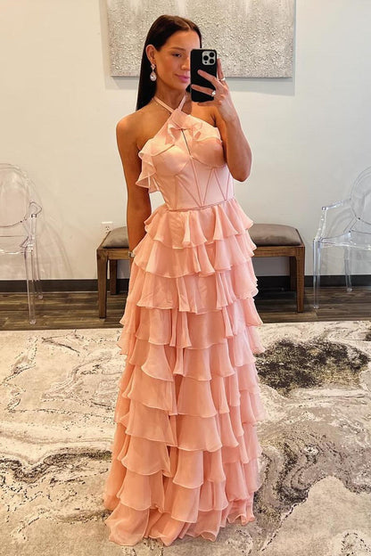 Halter Fuchsia Ruffle A-line Long Formal Dress