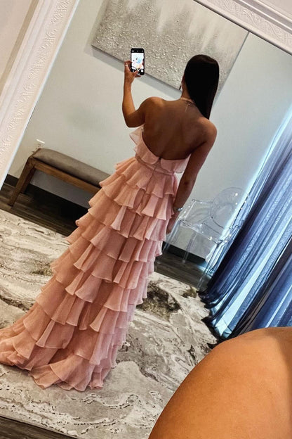 Halter Fuchsia Ruffle A-line Long Formal Dress