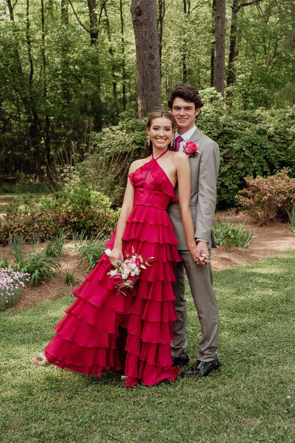 Halter Fuchsia Ruffle A-line Long Formal Dress