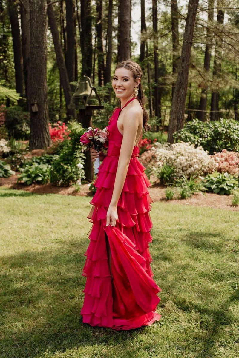 Halter Fuchsia Ruffle A-line Long Formal Dress