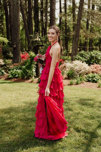 Halter Fuchsia Ruffle A-line Long Formal Dress