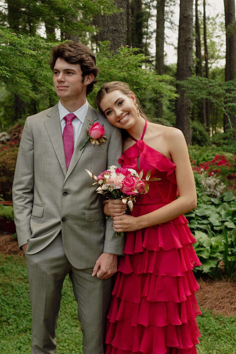 Halter Fuchsia Ruffle A-line Long Formal Dress