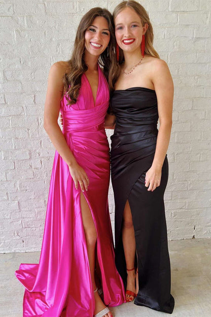 Halter Fuchsia Satin Empire Long Formal Dress