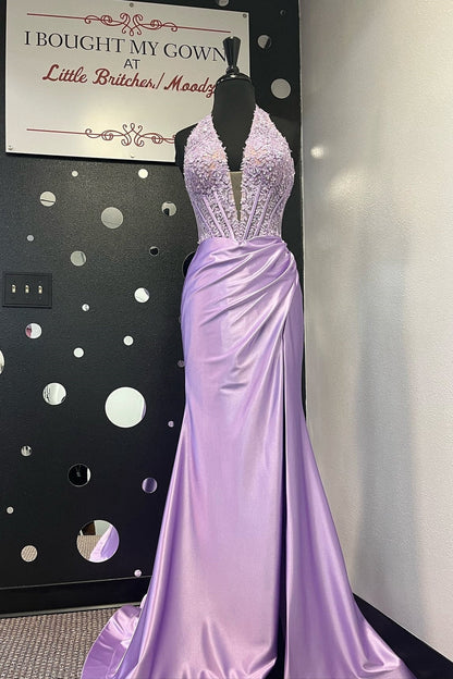 Halter Green Appliques Satin Ruched Prom Dress