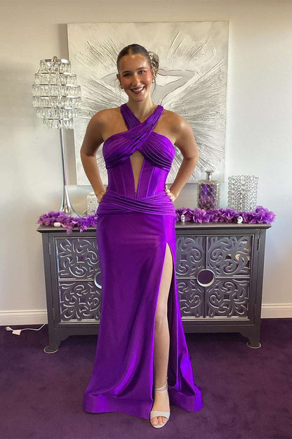 Halter Green Satin Mermaid Long Formal Dress