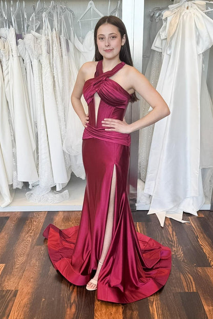Halter Green Satin Mermaid Long Formal Dress