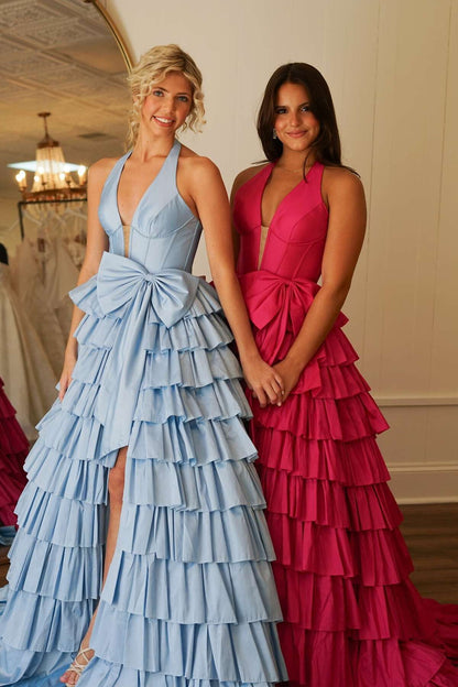Halter Light Blue Satin Ruffle Long Formal Dress