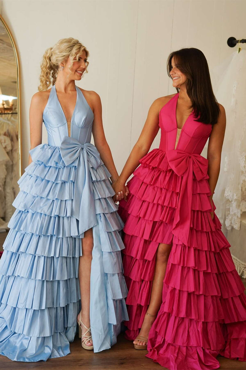 Halter Light Blue Satin Ruffle Long Formal Dress