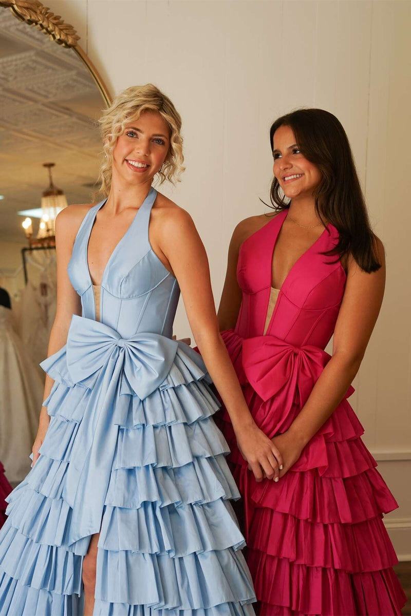 Halter Light Blue Satin Ruffle Long Formal Dress