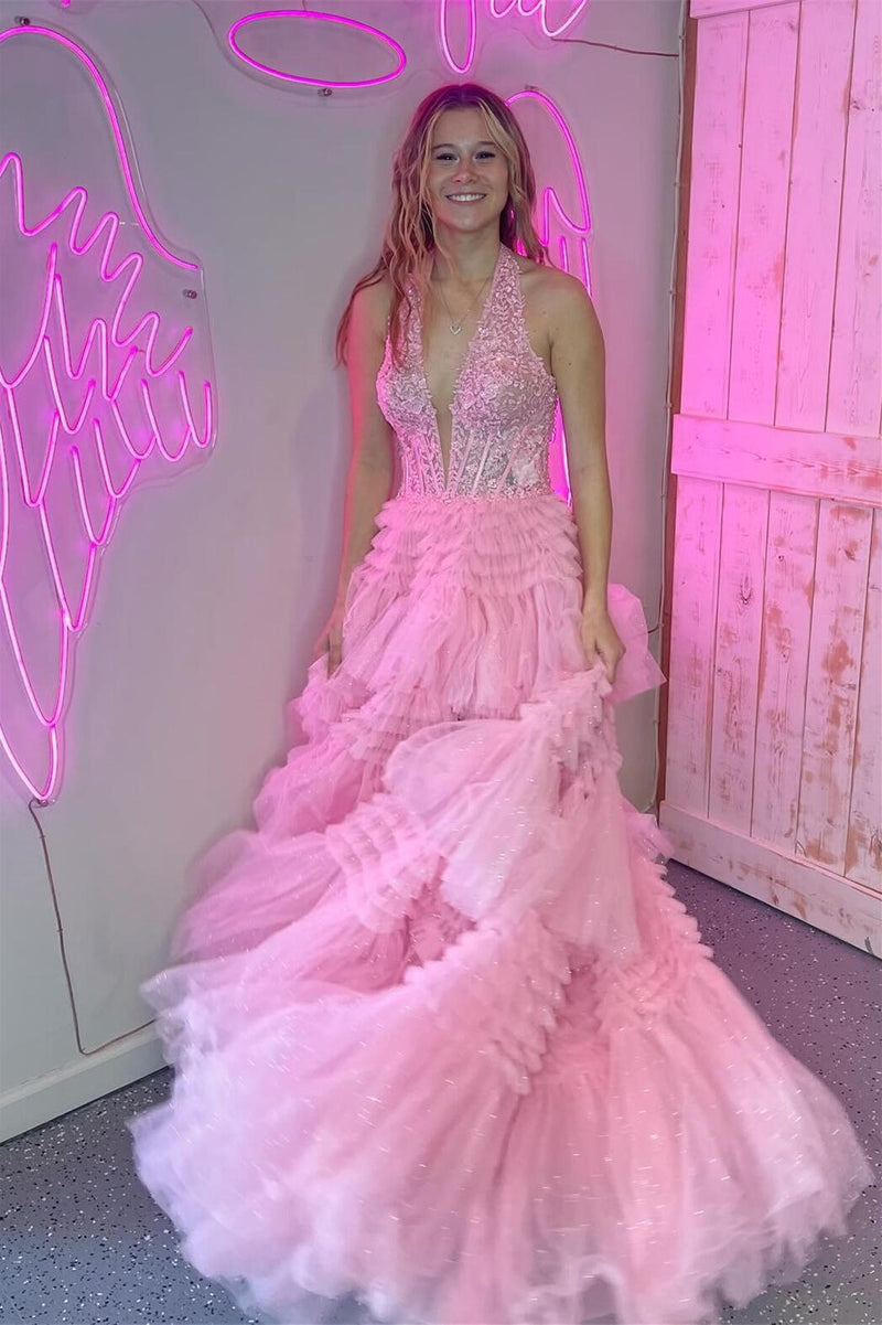 Halter Pink Appliques and Tulle Tiered Formal Dress