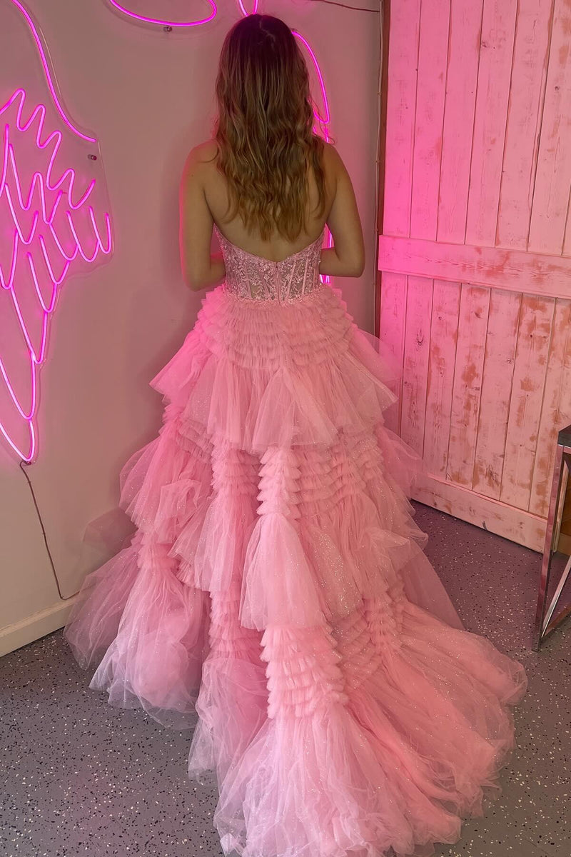 Halter Pink Appliques and Tulle Tiered Formal Dress