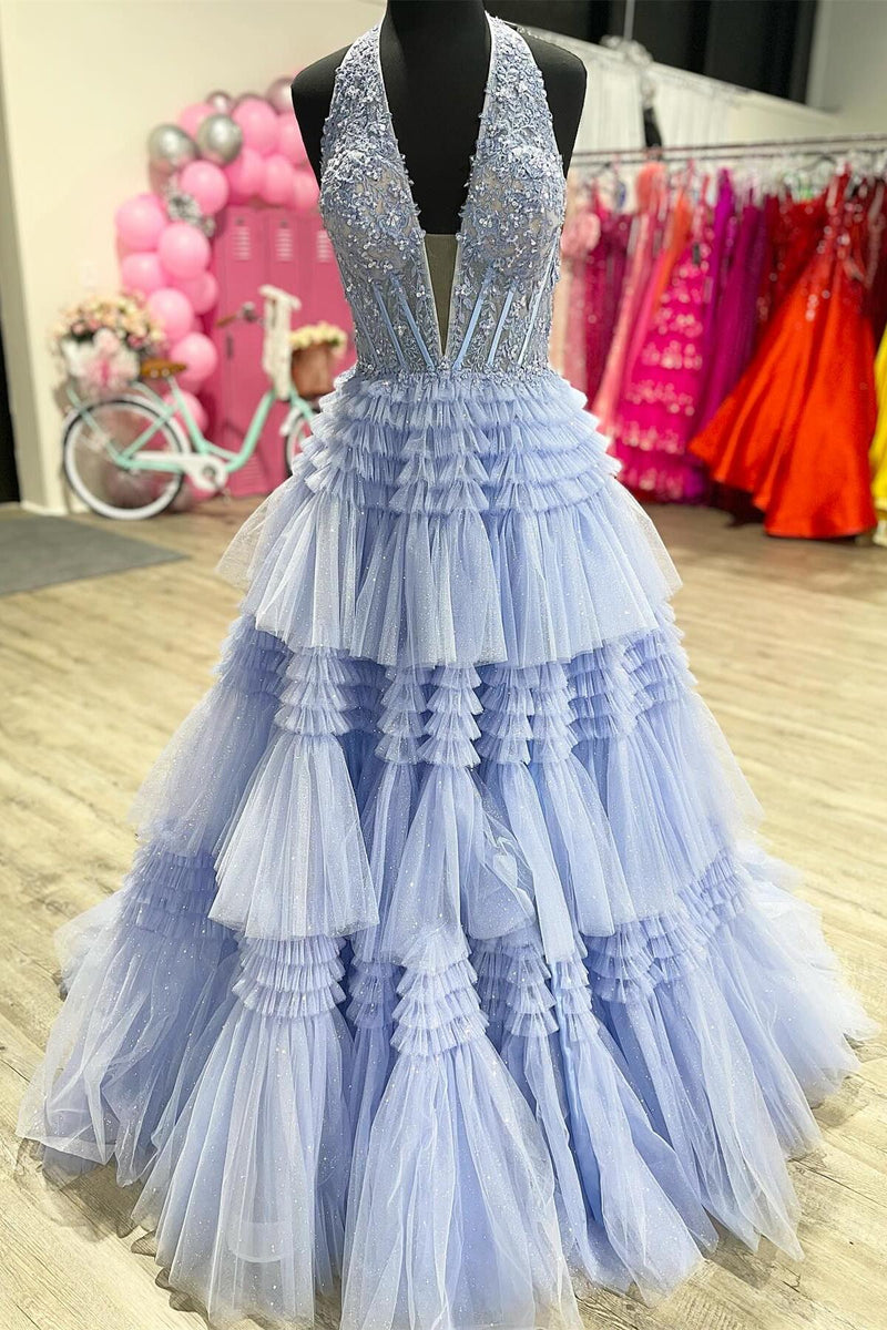 Halter Pink Appliques and Tulle Tiered Formal Dress