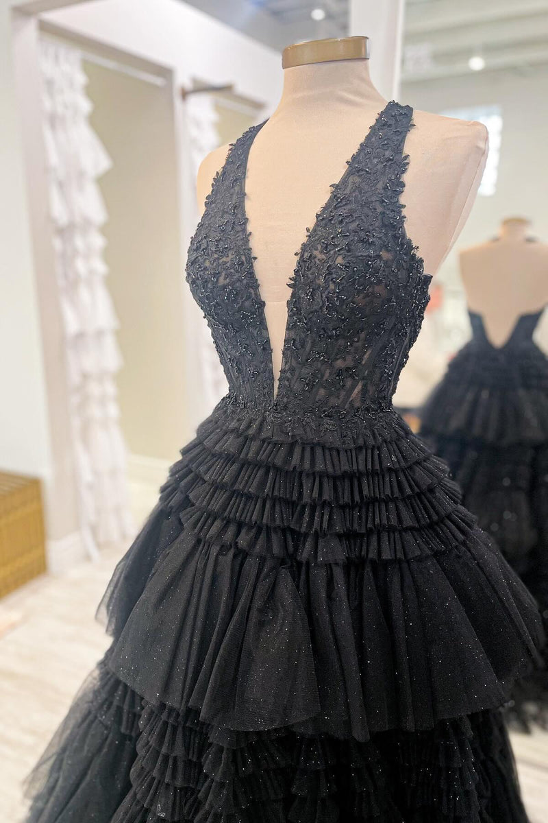 Halter Pink Appliques and Tulle Tiered Formal Dress