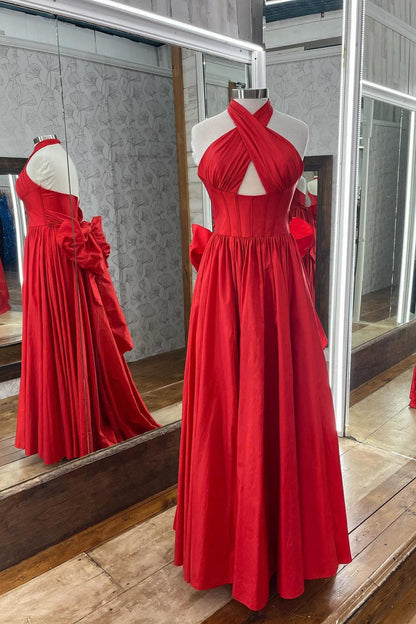 Halter Pink Taffeta A-line Long Formal Dress