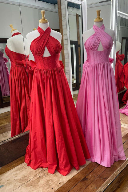 Halter Pink Taffeta A-line Long Formal Dress