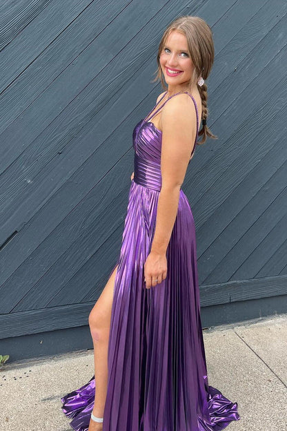 Halter Purple A-line Prom Dress with Slit