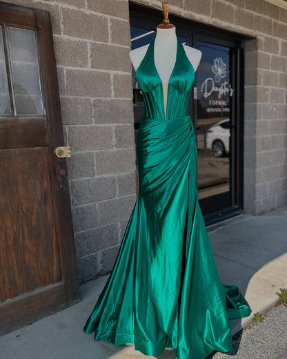 Halter Ruched Prom Dress with Slit