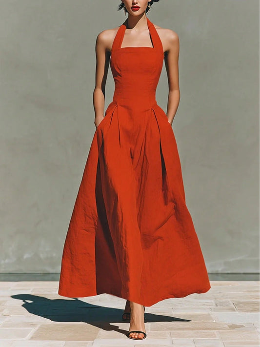 Halter Square Neck Pleated Side Pocket Maxi Dress, Solid High Waist Flared Hem Formal Linen Dress For Cocktail Wedding Resort Occasion