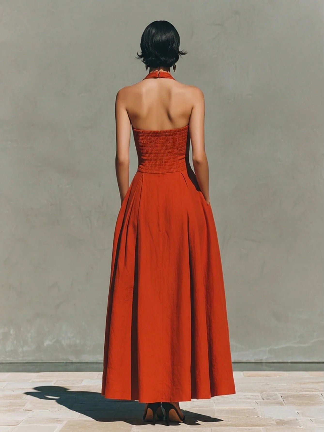 Halter Square Neck Pleated Side Pocket Maxi Dress, Solid High Waist Flared Hem Formal Linen Dress For Cocktail Wedding Resort Occasion