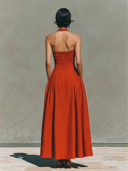 Halter Square Neck Pleated Side Pocket Maxi Dress, Solid High Waist Flared Hem Formal Linen Dress For Cocktail Wedding Resort Occasion