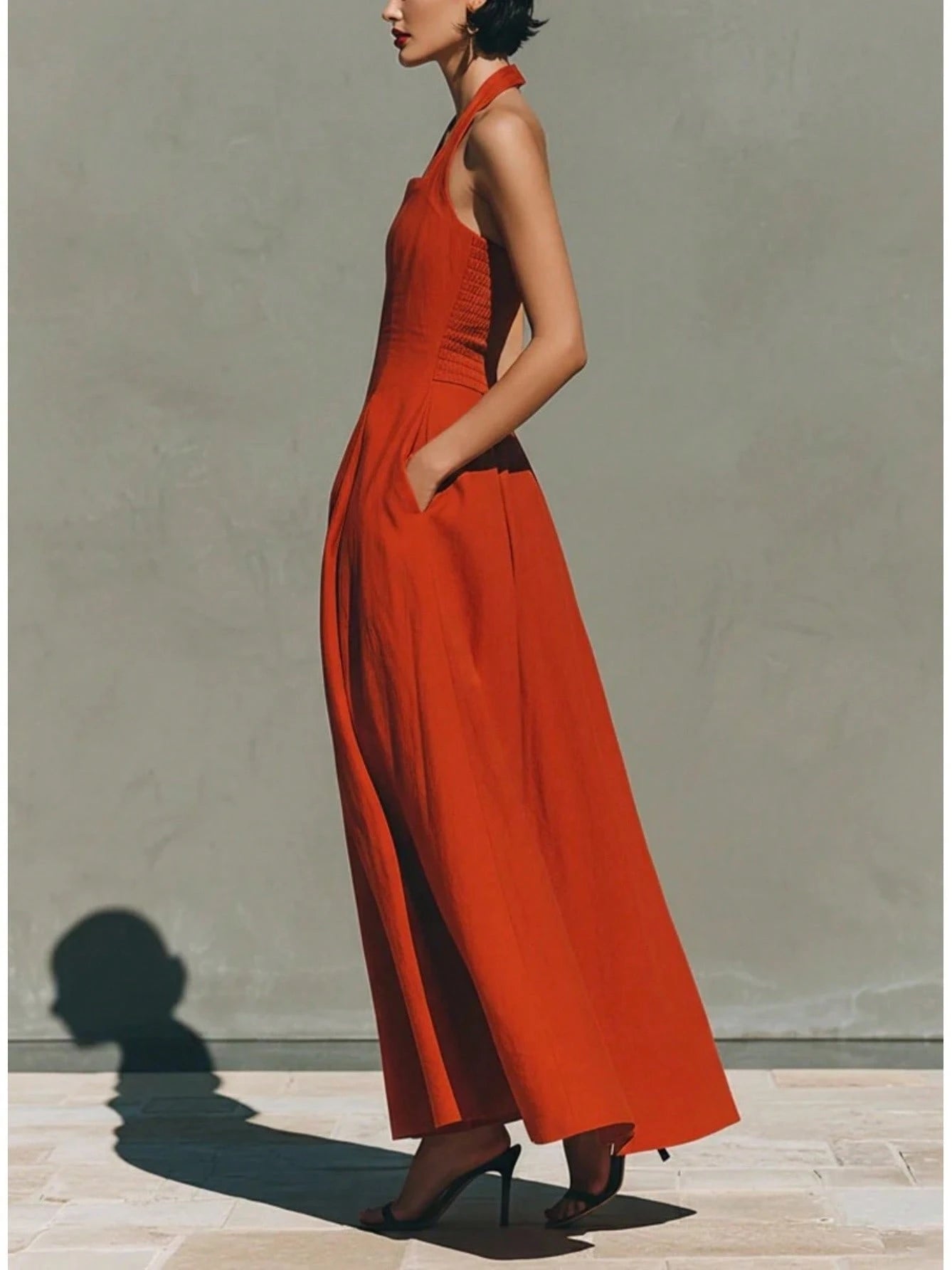 Halter Square Neck Pleated Side Pocket Maxi Dress, Solid High Waist Flared Hem Formal Linen Dress For Cocktail Wedding Resort Occasion
