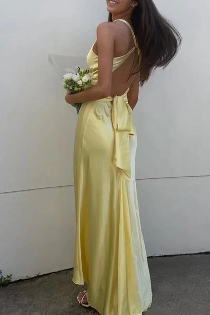 Halter V-Neck Pleated Satin Sleeveless Long Prom Party Dress, AST2088