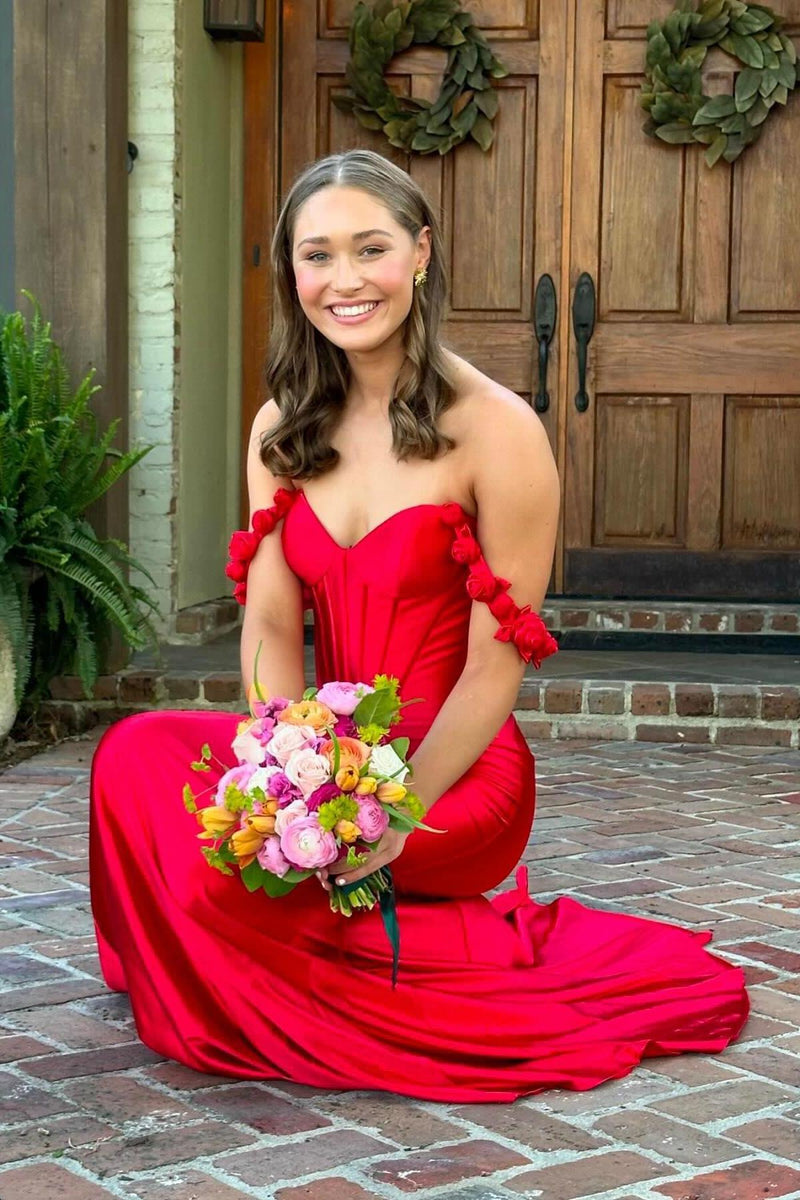 Handmade Flowers Straps Hot Pink Satin Mermaid Prom Dress