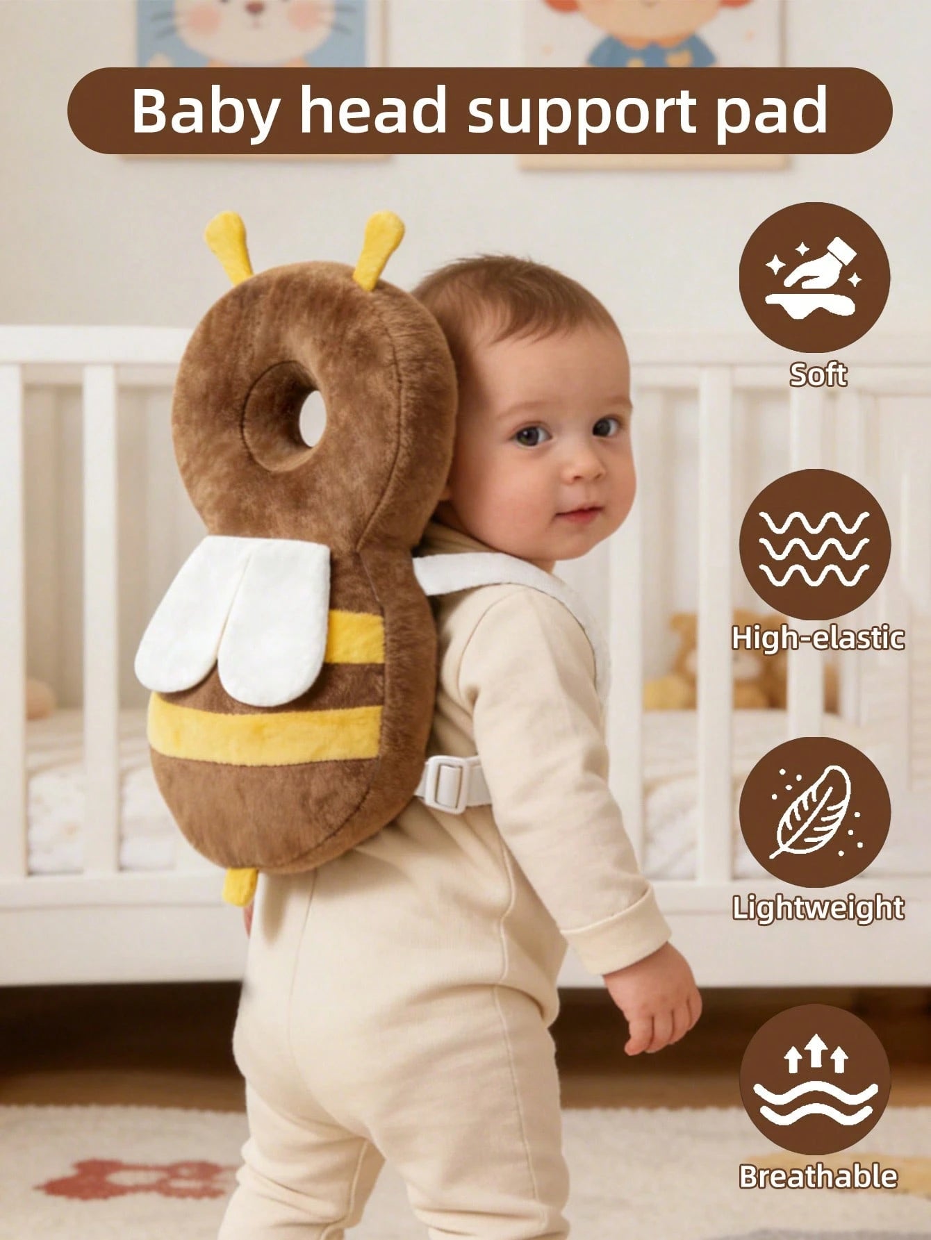 HAPPY WALK 1pc 2nd Generation Upgraded Baby Walking Head Protection Pillow, Coffee Color Cute Plush Bee, Adjustable Size